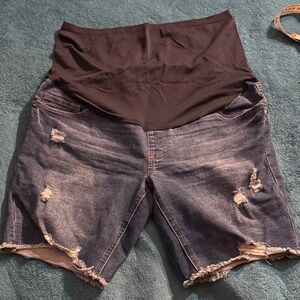Dark Blue Distressed Denim Maternity Bermuda Shorts